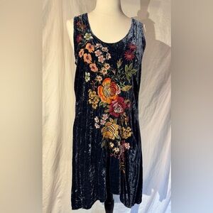 Johnny Was Navy Velvet Dress with Floral Embroidery